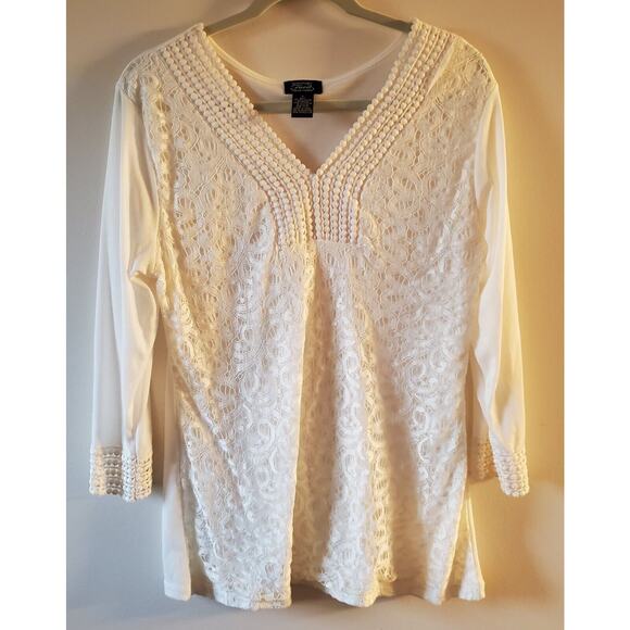 Shannon Ford New York Womens Large V Neck Lace Jersey Pullover Cream Ivory Top L - Picture 1 of 9